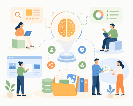 AI enhancing organizational knowledge management and information sharing, knowledge systems and organizational learning concept, flat illustration