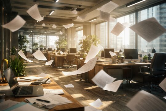 Modern office workspace with flying papers chaos in bright open plan interior business stress