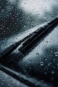 Rain drops on car windshield with wiper in motion creating moody weather driving visibility concept
