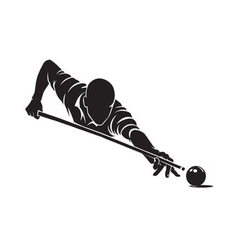 Billiards player silhouette vector, professional pool athlete aiming cue stick at ball, black and white snooker player graphic for sports logo
