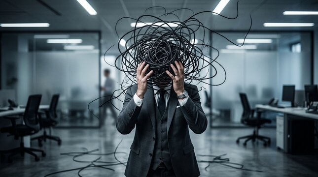Stressed businessman with chaotic wires, overwhelmed anxiety concept