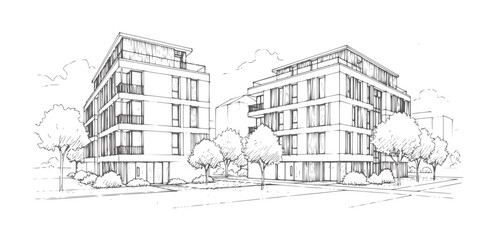 Fototapeta premium Hand drawn of modern apartment buildings with trees and sky architecture exterior