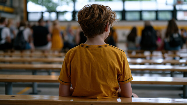 Back to school nerves visible in a child sitting alone on a gymnasium bleacher during orientation, small and still against the vast echoing space, other families blurred in motion around them, after