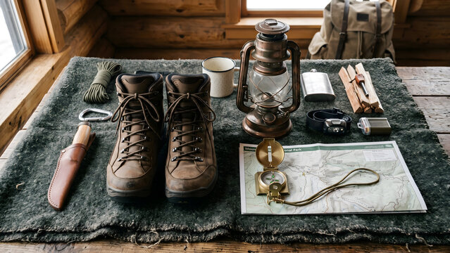 Vintage hiking boots and exploration gear with map and lantern on table inside wooden cabin
