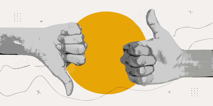 Thumbs up and down hands with yellow circle graphic illustration