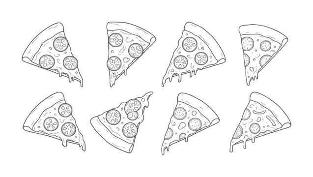 Hand drawn pizza slices with tomato and pepperoni toppings food