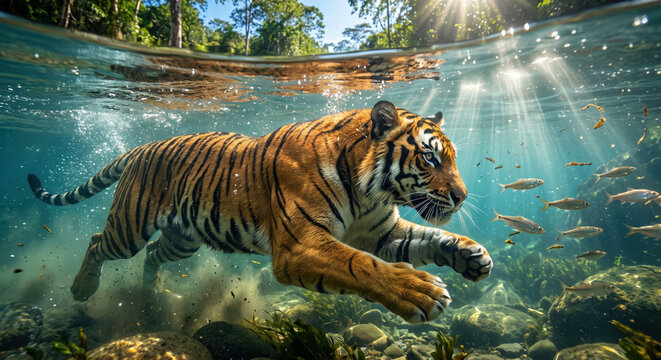 Majestic tiger swims underwater surrounded by small fish and aquatic plants