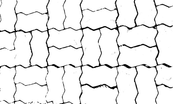 Black and white grunge cobblestone pavement texture overlay with distressed interlocking paving blocks pattern isolated on white background