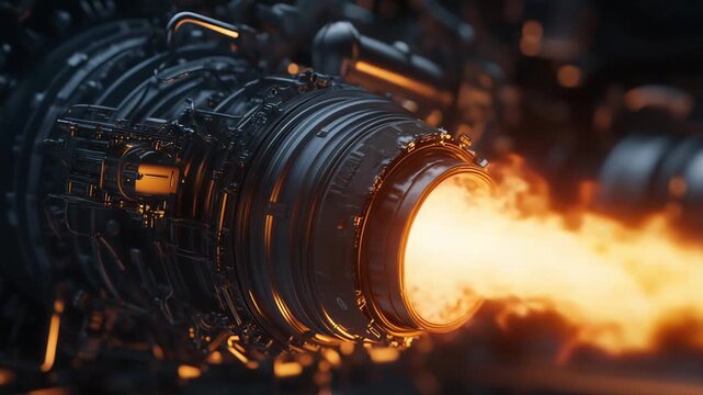 Powerful jet engine propels forward, generating intense orange flames and smoke for high speed propulsion, illustrating advanced aerospace technology and engineering