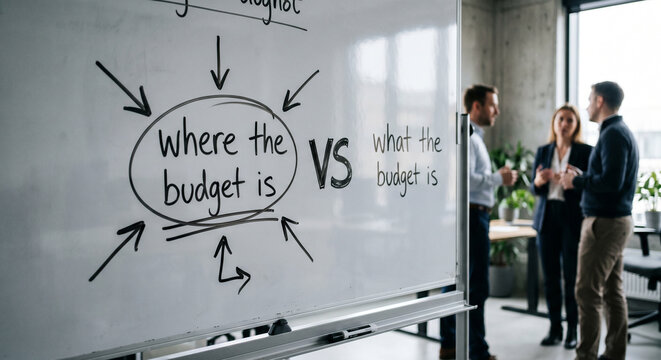 Whiteboard detailing budget allocation strategy during office discussion