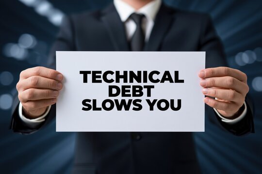 A developer holding a sign with the warning that 'Technical Debt Slows You'