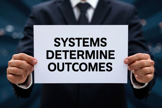 A systems thinker holds a sign stating 'Systems Determine Outcomes' for predictable results