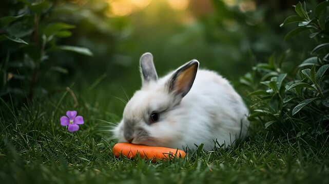 Fluffy white bunny sits in the grass, happily munching on a bright orange carrot