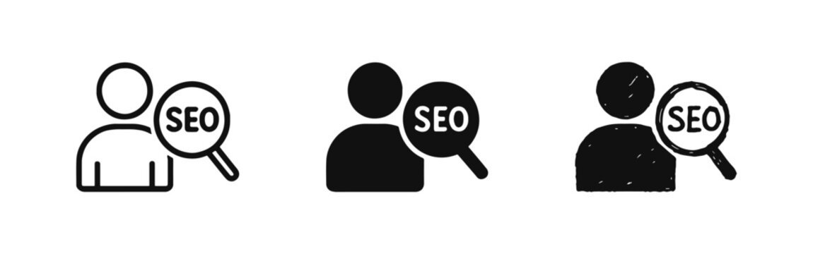 SEO Expert Search Engine Optimization Icon Set in Outline Solid and Hand Drawn Styles