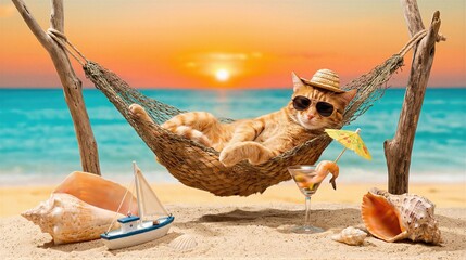 Fototapeta premium Ginger cat relaxing in a hammock on the beach at sunset. Cute feline wearing sunglasses and a straw hat while enjoying a summer vacation. Tropical travel concept for holiday relaxation.