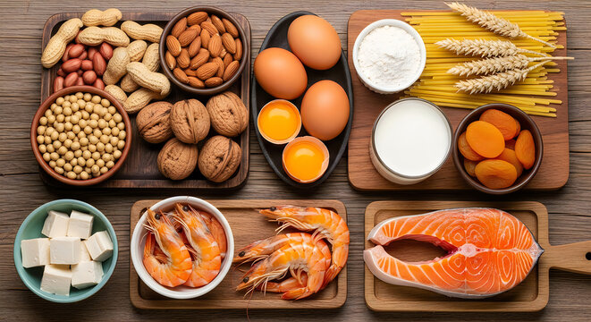 Assorted Common Food Allergens on a Wooden Background