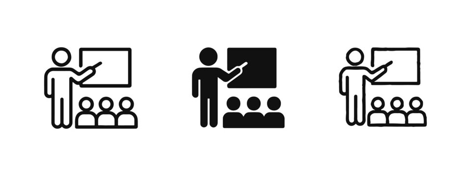Business training and presentation icon set, speaker pointing to whiteboard with audience, education concept
