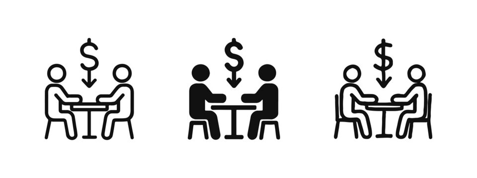 Business bargain and price negotiation icon set, two people at table with discount dollar sign symbol