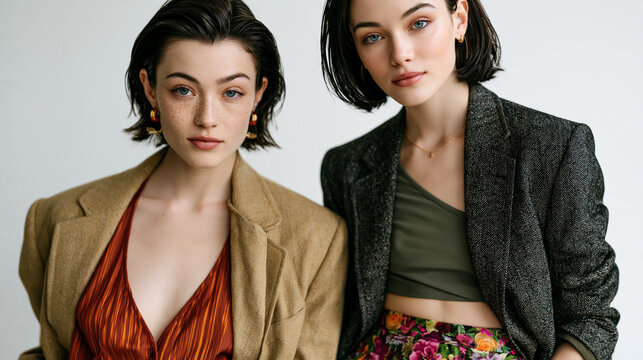 Gender fluid editorial: two models swap garments mid-change, one in half-worn men's blazer and floral skirt, against sterile white background, striking asymmetry, perfect for genderless fashion edit