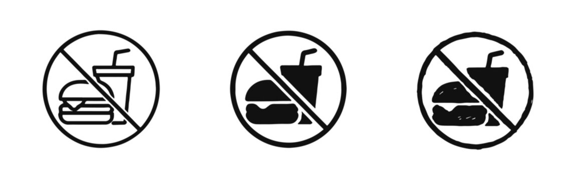 Healthy diet and no cheat meal icon set, prohibited fast food burger and soda sign, fitness nutrition