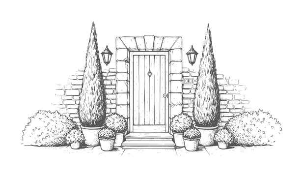 Of a stone doorway with potted cypress trees and bushes arch wood