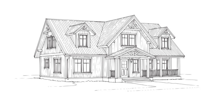 Of a two story wood sided house with gabled roof and porch architectural building