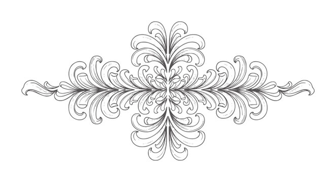 Ornate grey scrollwork flourish with symmetrical leaf and vine patterns