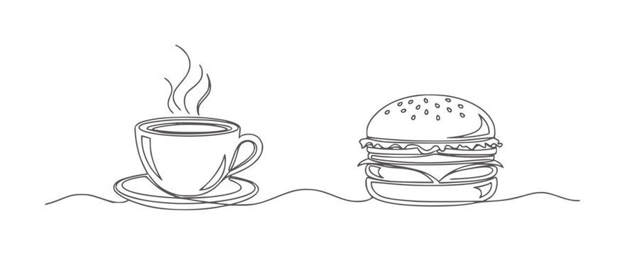 Single line of a steaming coffee cup and a hamburger saucer