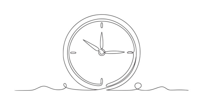 Single line of a round clock with hands and wavy base time continuous