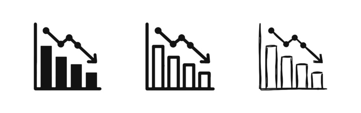 Bar Chart with Downward Trend Arrow Icon Set in Glyph, Outline, and Doodle Styles