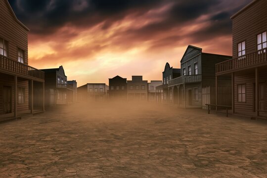 Deserted Western Town at Sunset with Dusty Streets and Dramatic Skies.
