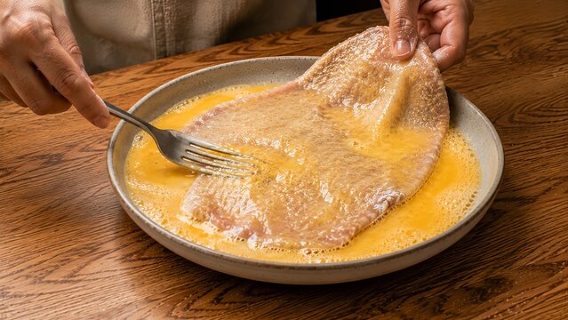 Austrian Schnitzel step by step, Stage 4 of 8: Binding layer &mdash; Egg wash, cooking process of Austrian Schnitzel.