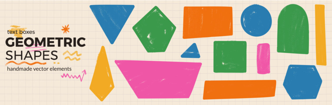 Crayon shape with geometric figure in doodle texture for school notebook. Hand drawn shapes and rectangle figure on paper grid pad. Vector kids set with circle, square, triangle and abstract elements.
