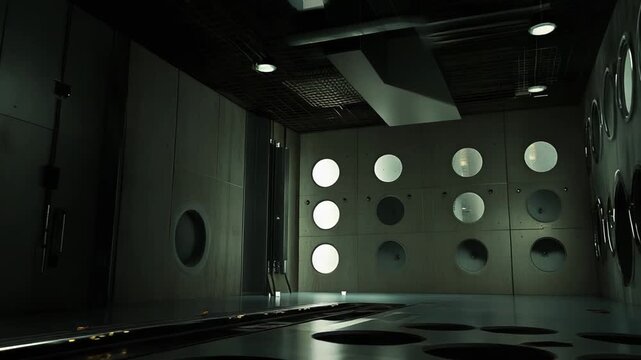 Industrial sci fi interior with circular openings in concrete walls and floor, dark immersive bunker like space evoking futuristic lab, secret experiment, and digital innovation