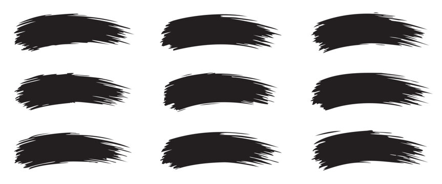 Black grunge brush stroke set. Artistic ink paint swooshes and rough curved lines. Professional vector pack.