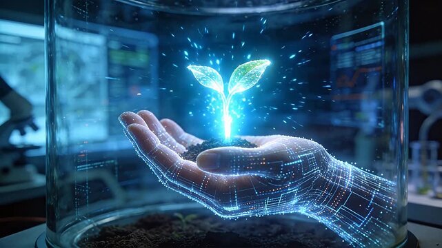 Holographic hand holding glowing seedling in futuristic laboratory with scientific equipment