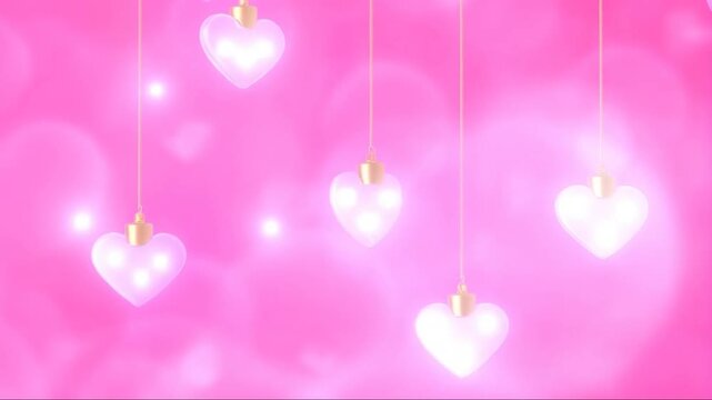 A pink background with white hearts hanging from strings