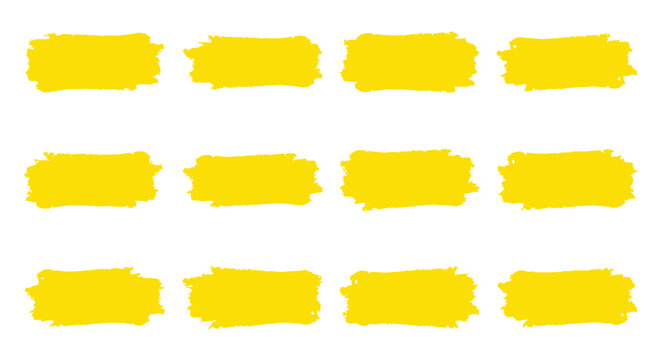 Yellow grunge brush stroke set. Vibrant paint marker highlighters and text banners. Professional vector design assets.