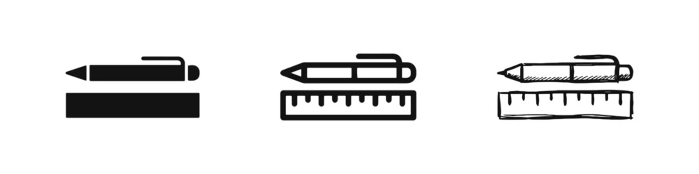 Pen and Ruler Measuring Tool Icon Set in Solid, Outline, and Hand-Drawn Sketch Styles for Drafting and Design
