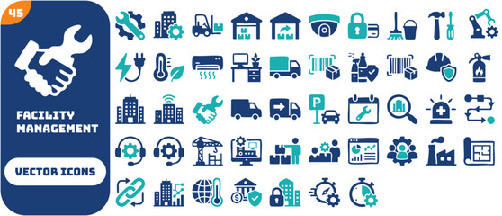 Fototapeta premium Facility management icon set featuring maintenance, security, logistics, and property operations. Blue flat vector icons for business.