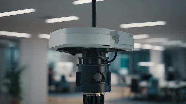 Close up view of a sophisticated surveillance camera system hanging from the ceiling, actively monitoring an open plan contemporary office environment, ensuring data protection and privacy