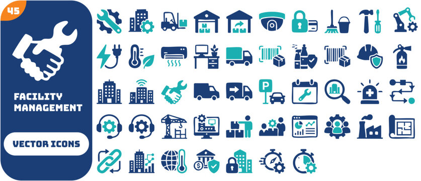 Facility management icon set featuring maintenance, security, logistics, and property operations. Blue flat vector icons for business.