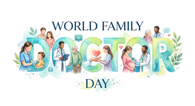 Concept for World Family Doctor Day watercolor typography with family checkup and caring doctor on white background.
