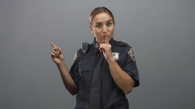 Woman police officer in uniform with badge and radio points index finger and then finger to lips for silence in studio; authority secrecy.
