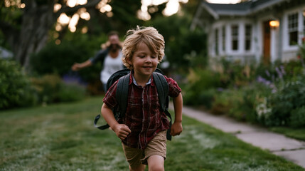 Fototapeta premium A first day of school photo moment gone sideways, child running away from camera across a dewy front lawn, backpack flapping, parent laughing with arms outstretched behind, morning light catching ev