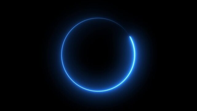 Blue neon light trail circle on black background. Round circle picture frame with two tone neon color shade motion graphic.
Animated glowing neon circular line frame animation.