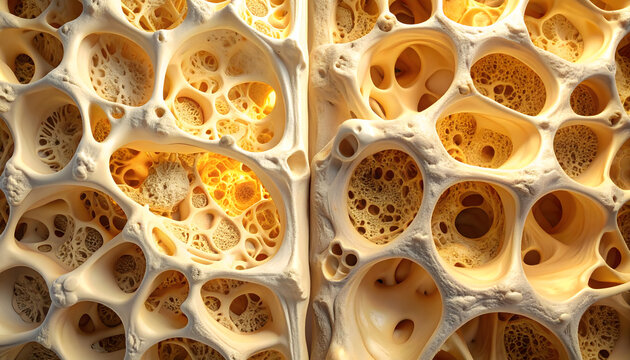 Intricate microscopic view of porous bone tissue showcasing the complex cellular matrix and organic structural network essential for biological integrity and support