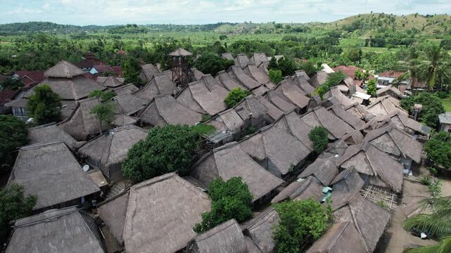 Aerial view of Bale Tani, traditional Sasak architecture in Senggigi, Lombok