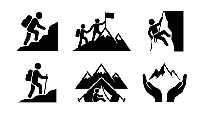 Hiking and climbing people icons set.