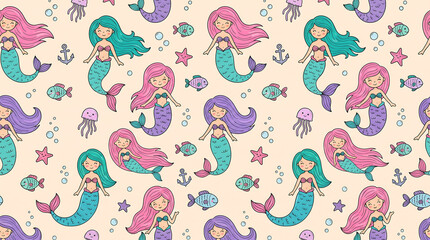 Naklejka premium Cute Seamless Mermaid Pattern